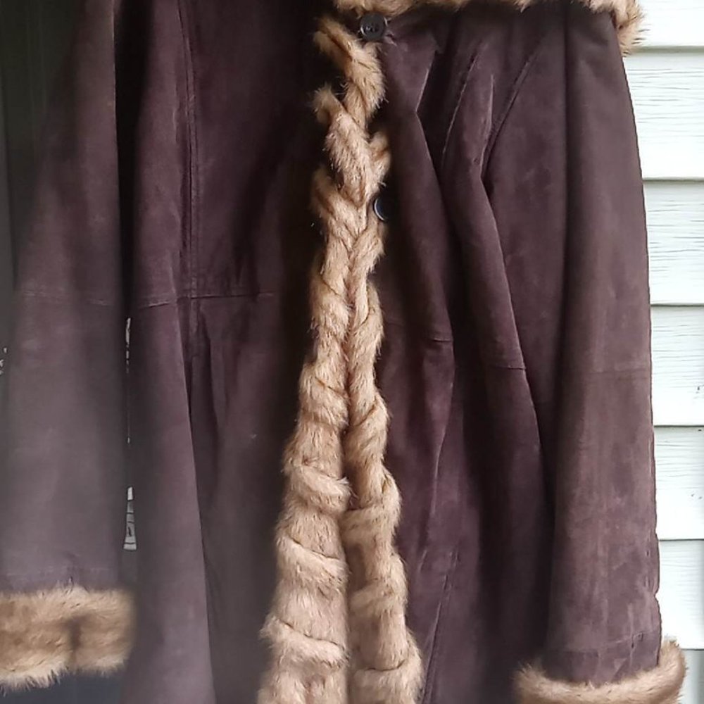 Dennis basso leather hooded faux fur coat